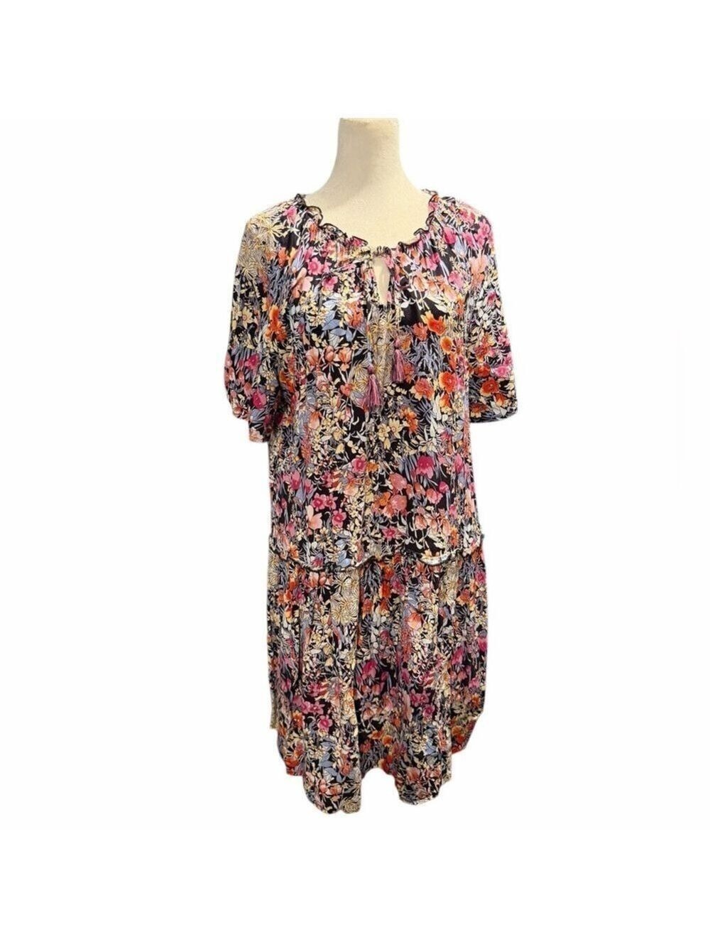 Tribal Jeans Raglan Sleeve V Neck Tiered Lollipop Floral Boho Peasant Dress L